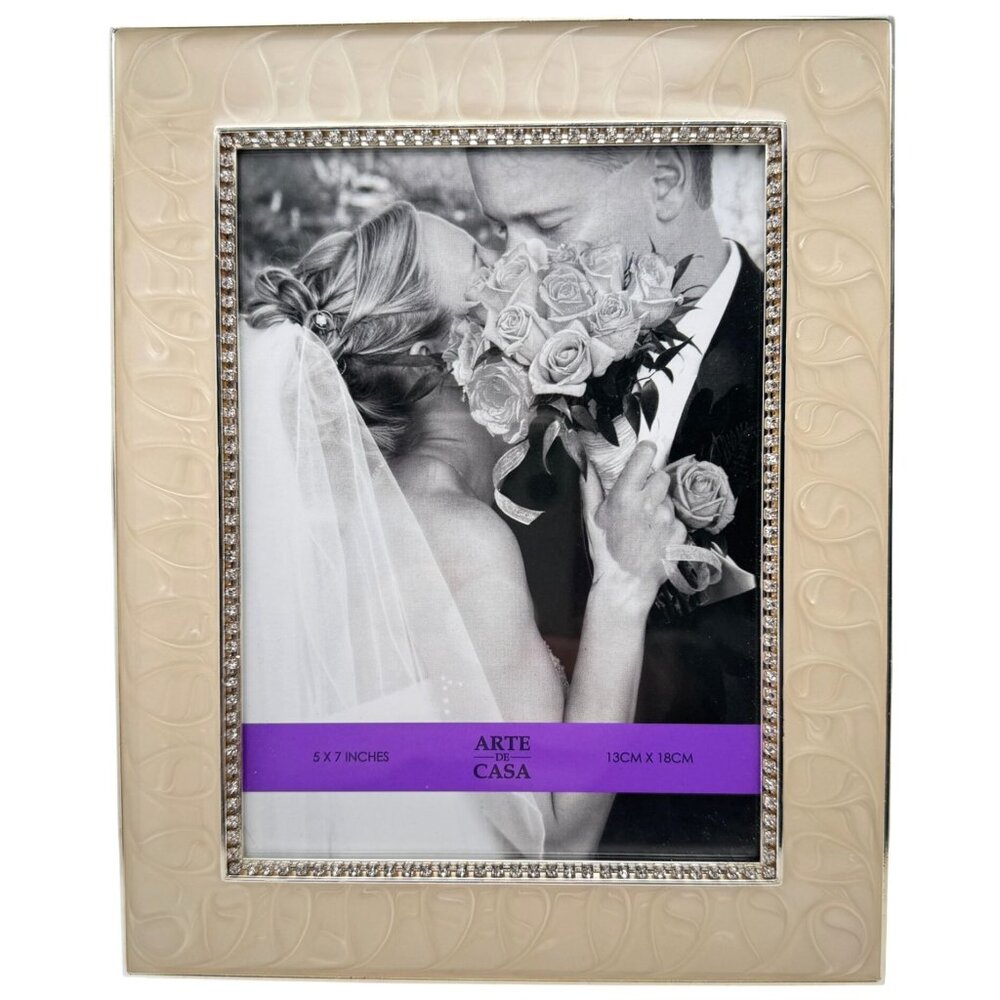 Arte De Casa Pearl Tone Swirl Enamel 5x7 Wedding Frame Rhinestone Inner Border